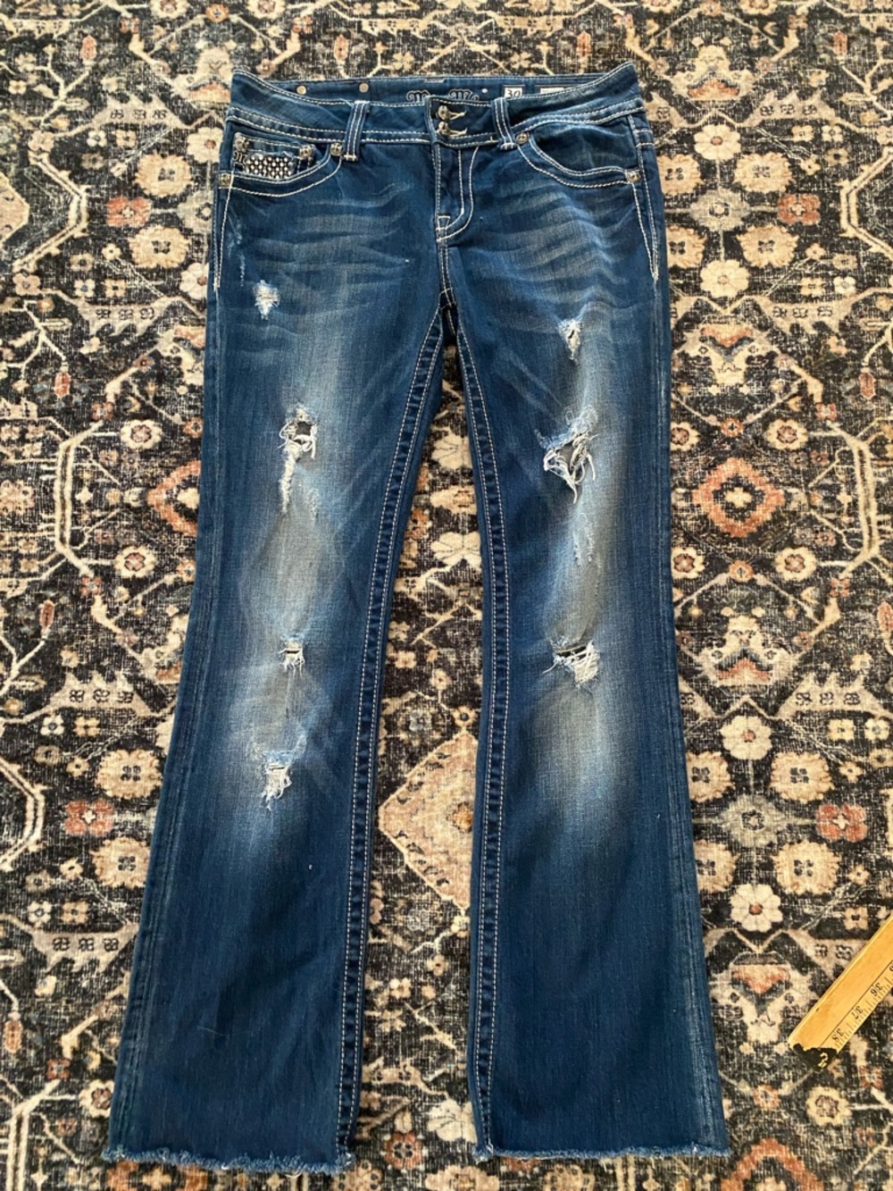 Miss Mee Jeans Size 30 boot cut dark denim distressed with frayed hems bling